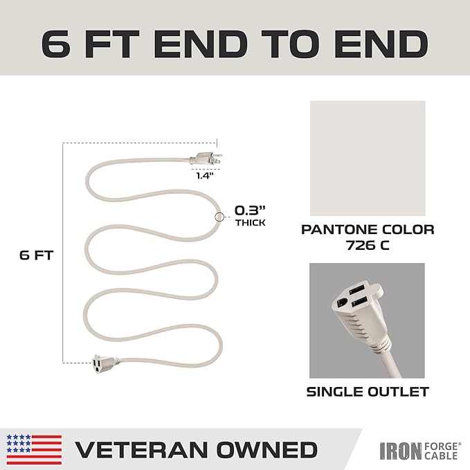 Iron Forge Cable Weatherproof 6 Ft Outdoor Extension Cord - 16/3 SJTW Heavy Duty Beige Extension Cord 3 Prong - 13 Amp Exterior Power Cable