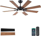 52 Inch Ceiling Fans with Lights and Remote/APP Control, Modern Ceiling Fan for Bedroom Living Room Patio Porch Indoor Outdoor, 6 Speeds, Reversible Quiet Motor, 8 Wood Blades, Brown