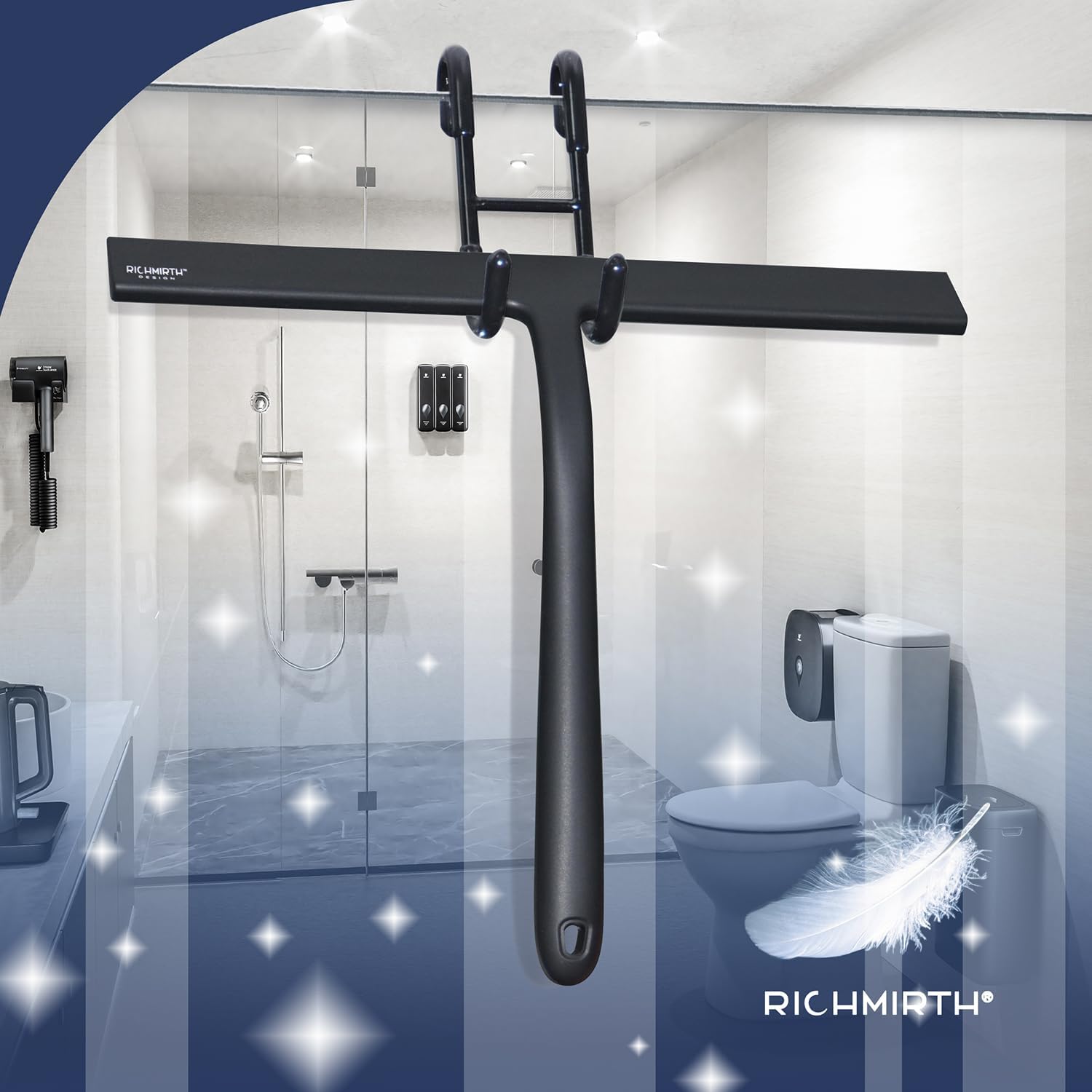 12 Inch Silicone Shower Squeegee for Glass Doors with Hook – Streak-Free Window Cleaner for Bathroom, Mirror, Tile & Car, No Scratch Squeegee with Metal Core (Black)