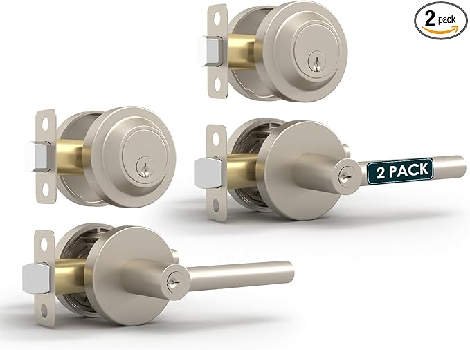 Mega Handles Ronn Entry Door Handle & Deadbolt Lock - 2 Pack Reversible Heavy Duty Brushed Nickel Door Handles & Deadbolt for Interior/Exterior Doors, Fits All Standard Doors - Satin Nickel