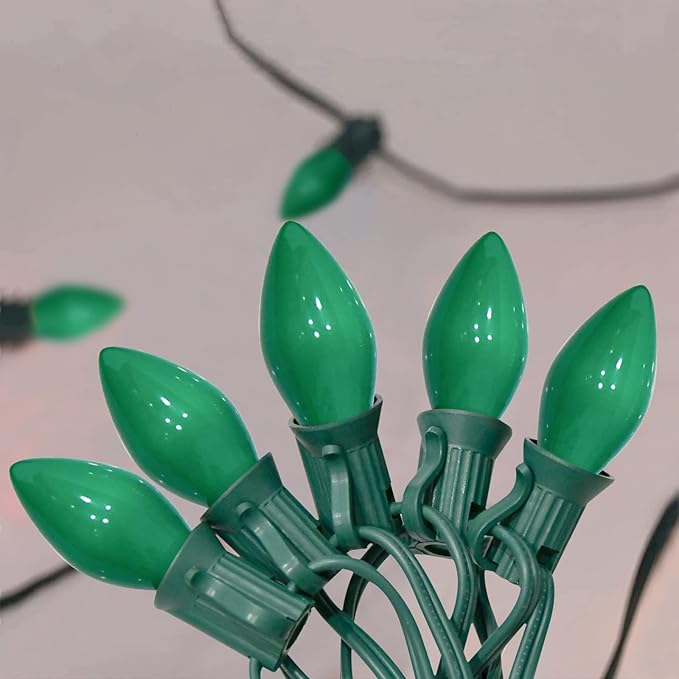 SUNSGNE 25 Pack Green Ceramic Christmas Light Bulbs St. Patrick's Light Bulbs for C7 Christmas St. Patrick's Day Decor, E12 Candelabra Base, 0.6W