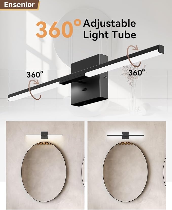 Ensenior Modern Bathroom Vanity Light 24 inch, Built-in Dimmer, 14W Dimmable 5CCT Led Bath Lights, Black Bar Vanity Light for Bathroom Mirror Cabinets Bedroom-FCC Certificated