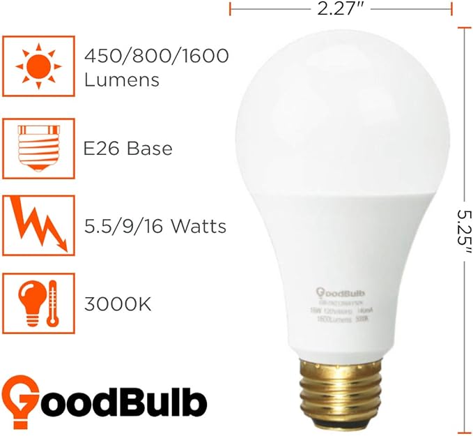 GoodBulb LED A21 3-Way Light Bulbs 5/9.5/16 Watt (40/60/120 Watt Equivalent) E26 Base Daylight 5000K EcoSmart Lights High Output 450/800/1600 Lumens 2 Pack