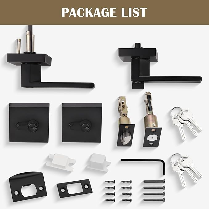 5 Pack Keyed Entry Door Lever and Double Cylinder Deadbolt Set, Keyed Alike Reversible Lockset, Matte Black Square Interior/Exterior Handleset for Bedroom, Front Door