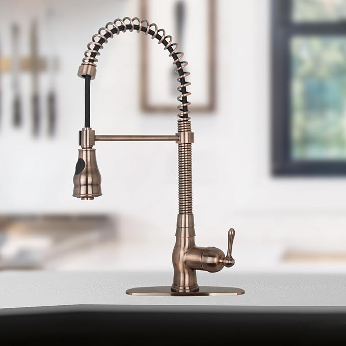 Pre-Rinse Spring Kitchen Faucet, Single Level Solid Brass Kitchen Sink Faucets with Pull Down Sprayer (Antique Copper)