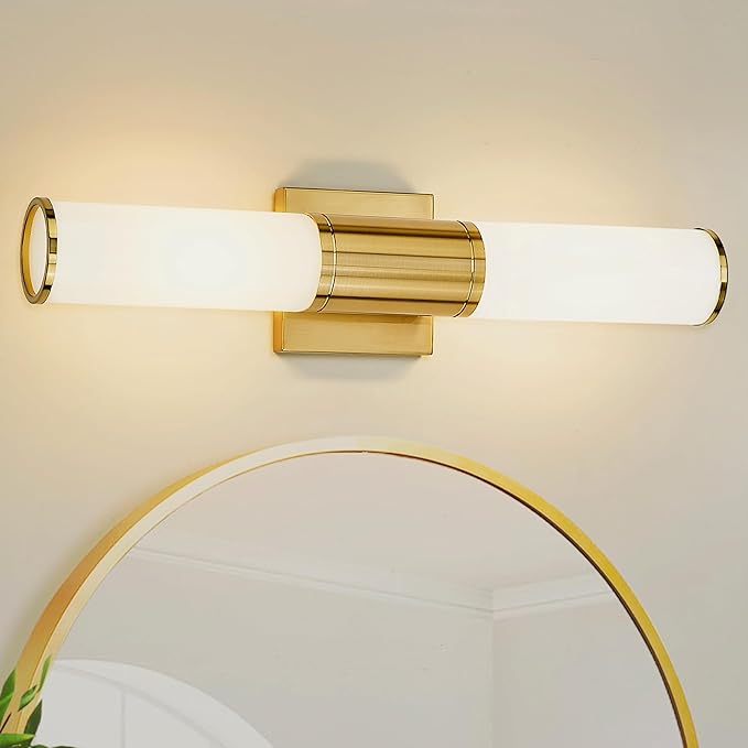 Bathroom Light Fixtures, 2-Light Vanity Lights for Mirror with Milk Glass Shade, Brushed Gold Wall Sconces Up and Down Wall Lamp for Bathroom Bedroom Hallway, VL834-BG-ML