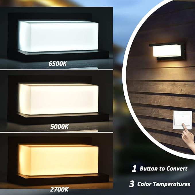 Modern Outdoor Wall Sconce Lighting 5000K 2 Pack, LED 3 Color White Outdoor Light Fixture Wall Mount Exterior Lights for House,Black 1500lm Outside Porch Lights for Garage Entryway (Convex-CCT)