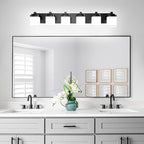 6-Light Black Bathroom Light Fixtures, E26 Base Vanity Lights for Bathroom Mirror Lamp with Milky White Square Glass Shade, Modern Wall Sconce Light Kitchen Light Fixtures Led Vanity