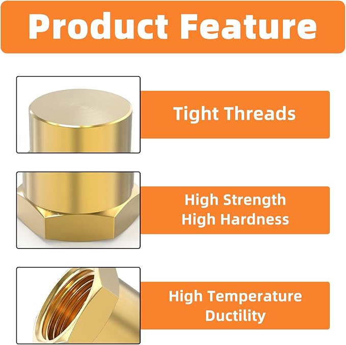 GASHER 3/8"NPT Brass Pipe Cap, NPT Female Thread Socket Pipe End Cap Plugs Fitting 5PCS