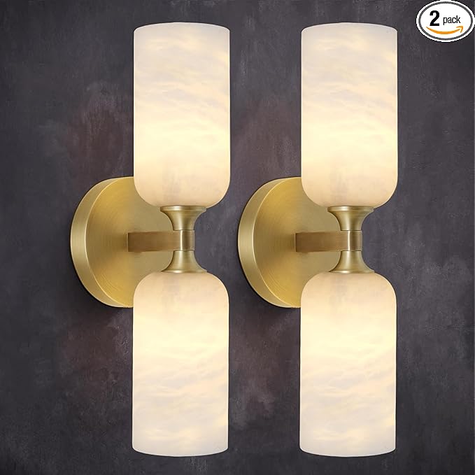 Alabaster Wall Sconces Set of Two, 14in Modern Spanish Natural Marble Bathroom Vanity Sconces, Brass Alabaster Sconce Wall Lighting, Gold Wall Light Fixtures Decor for Bedroom Living Room Staircases