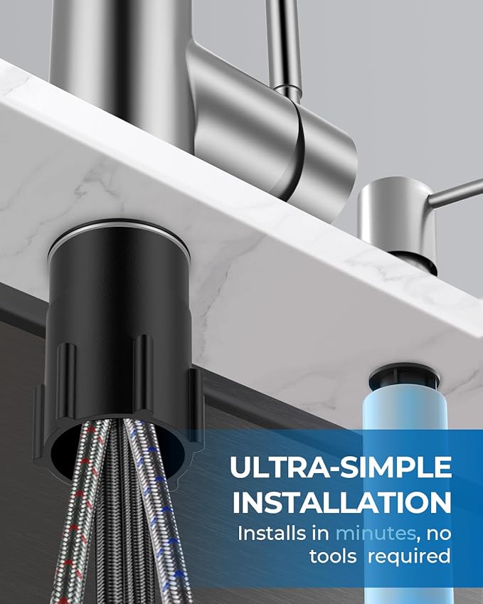 WEWE Kitchen Faucet with Soap Dispenser and Pull Down Sprayer, RV Single Handle Classic 3 Modes Stainless Steel Faucet for Kitchen Sink, RV, Brushed Nickel