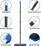 16 Inch Push Broom Outdoor 2 in 1 with Rubber Squeegee and Stiff Bristle Deck Brush 58" Long Handle for Deck Patio Garage Warehouse Driveway Concrete Floor Cleaning Scrubbing(Blue)