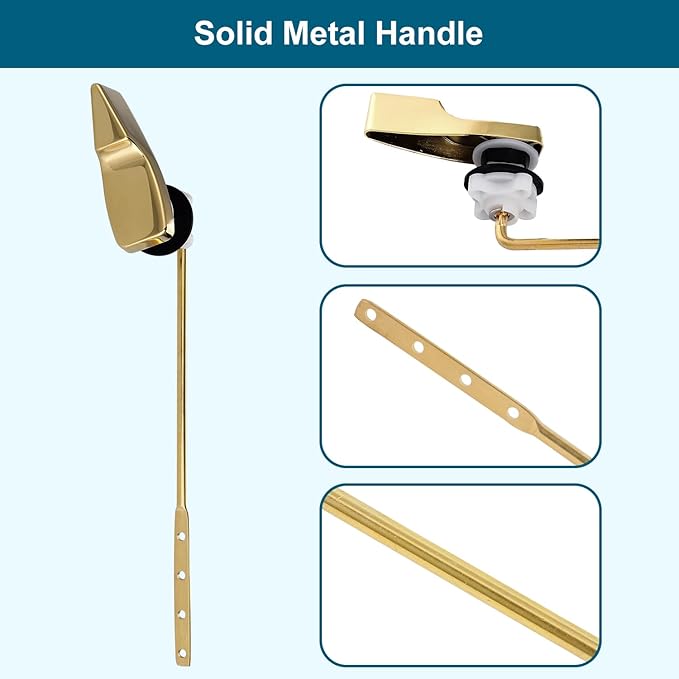 Hygie Rinse Front Mount Metal Toilet Handle Replacement Kit Compatible with American Standard/Mansfield/Gerber/TOTO/Kohler Toilet, Toilet Tank Flusher Lever with Flapper Chain, Shiny Gold
