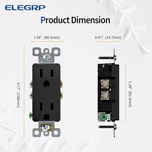 ELEGRP Decorator Receptacle, 15A 125V Standard Electrical Wall Outlet, 2 Pole 3 Wire, No-Tamper Resistant, NEMA 5-15R, Self-Grounding Residential Grade Outlet, UL (Glossy Black, 50 Pack)
