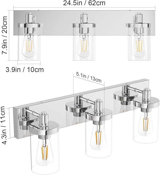 Aipsun Chrome Vanity Light for Bathroom 3 Light Farmhouse Bathroom Lights Fixtures Over Mirror with Clear Glass Shade(Exclude Bulb)