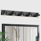 Bathroom Vanity Light Fixture with Clear Glass Shade, 5-Light Matte Black Bathroom Light Fixtures Over Mirror, Modern Vanity Lighting Fixtures for Bathroom/Living Room/Bedroom, E26 lamp Holder