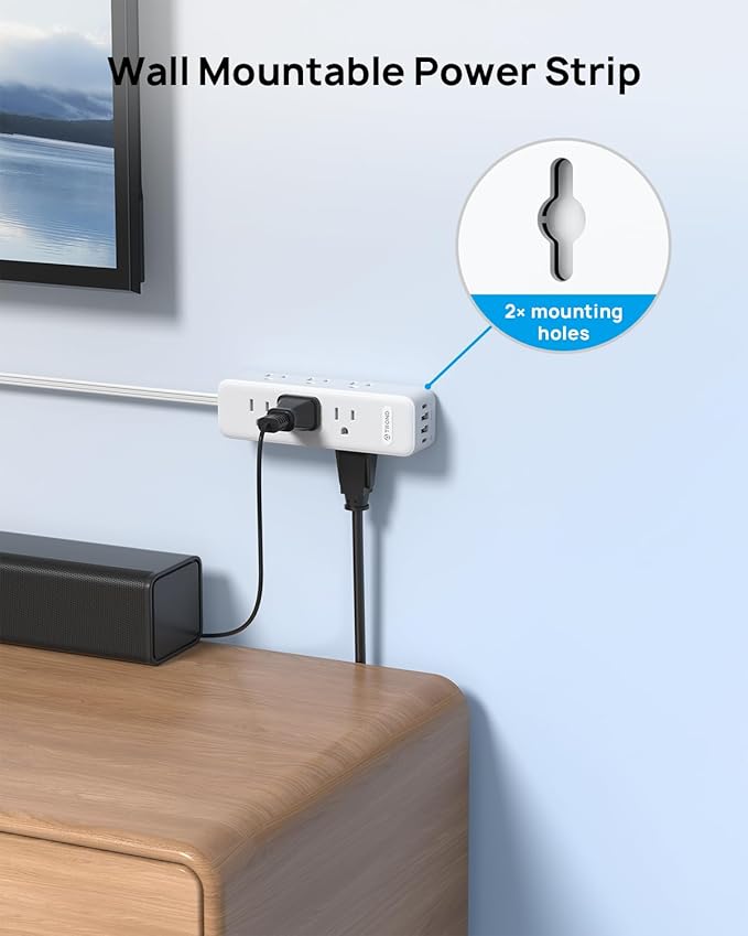 TROND Surge Protector Power Strip: 9 Widely Spaced AC Outlets with 20W USB C Charger Power Strip, 15ft Flat Plug Extension Cord, Wall Mount, Desk Charging Station, Hotel Dorm Room Essentials, White