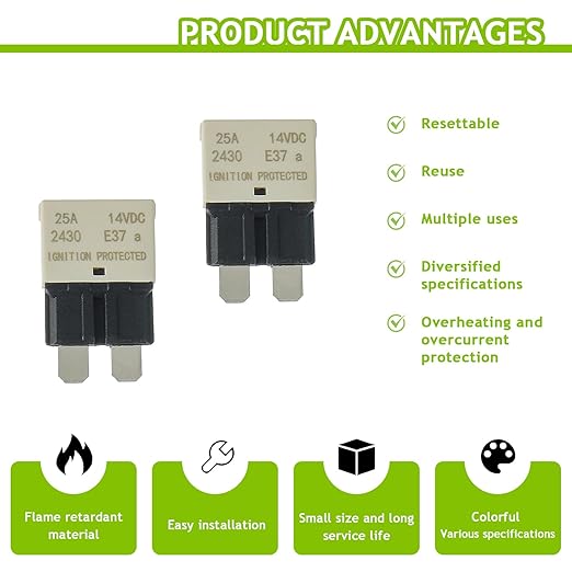 25A DC 12V-14V Auto Reset Circuit Breaker ATC/ATO Low Profile T1 Mini Blade Fuses Breakers for Car Trucks Marine Boat RV Solar and More,2 Pack