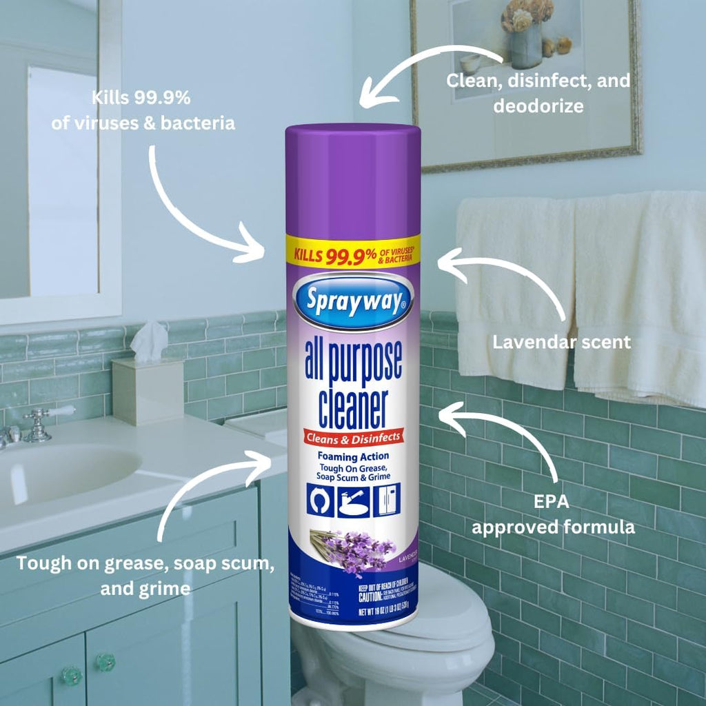 Sprayway All Purpose Cleaner with Lavender Scent, 19oz, Pack of 6 | Foaming Action, Clean, Disinfect, Deodorize | Tough on Grease, Soap Scum, Grime | EPA Approved, Kills 99.9% of Viruses & Bacteria