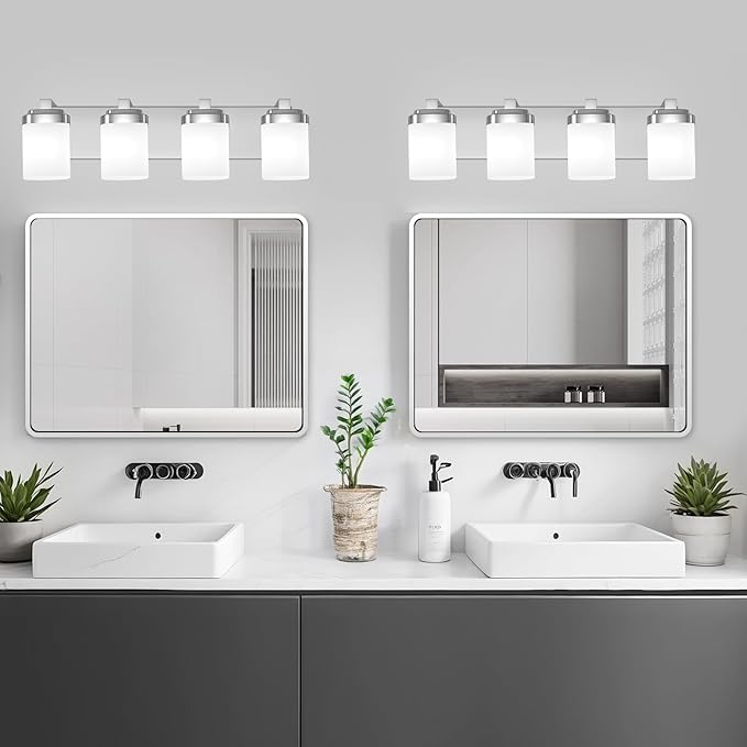 4-Light Chrome Bathroom Light Fixtures, Vanity Lights for Bathroom Mirror Lamp with Milky White Square Glass Shade, E26 Base Modern Wall Sconce Kitchen Light Fixtures Led Vanity