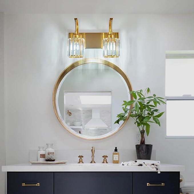 Bathroom Crystal Vanity Lights 2-Light Gold Wall Lamp Modern Crystal Bathroom Light Fixtures Over Mirror 13.77" Long Wall Sconce
