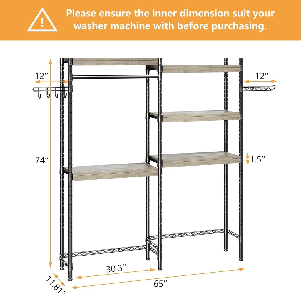 CABIHOME 5-Tier Over-The-Washer Shelf - Adjustable Height Laundry Organizer Space Saver, Double-Layer 100lb Shelves, 2 Hooks for Bathroom/Balcony (Grey & Black)