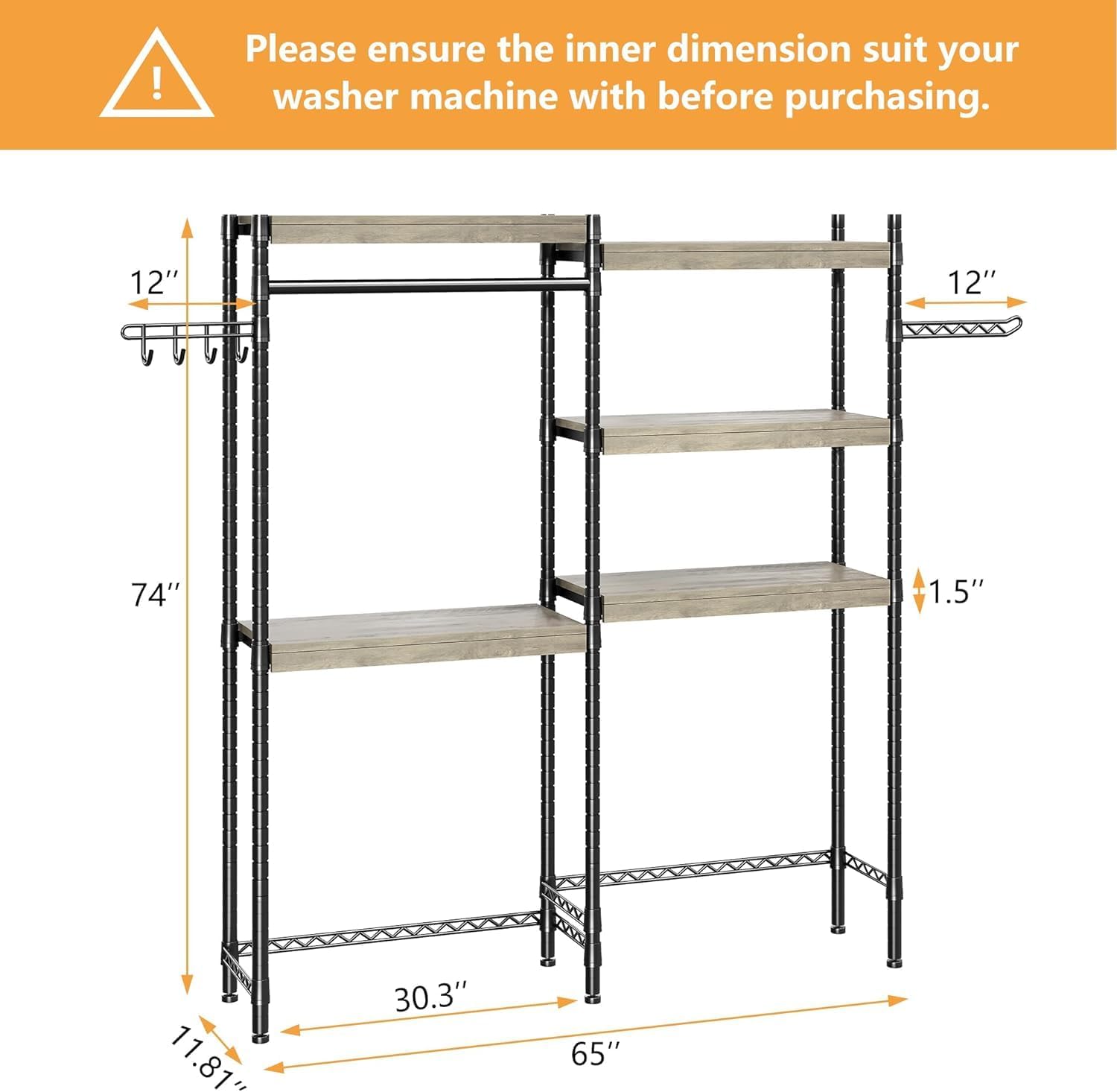 CABIHOME 5-Tier Over-The-Washer Shelf - Adjustable Height Laundry Organizer Space Saver, Double-Layer 100lb Shelves, 2 Hooks for Bathroom/Balcony (Grey & Black)
