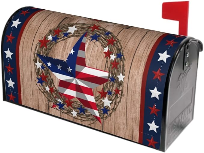 American Flag Star Patriotic Mailbox Cover Magnetic 4th of July Independence Day Standard Size 21 x 18 In Farmhouse Rustic Welcome Post Box Wrap Garden Yard Home Decor