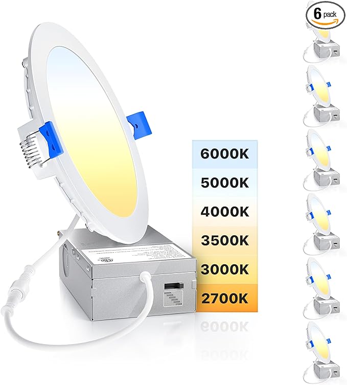 Ensenior 6 Pack 6 Inch Ultra-Thin LED Recessed Light with Junction Box, 2700K-6000K Selectable, 12W 110W Eqv, Dimmable, 1050LM High Brightness - ETL Certified
