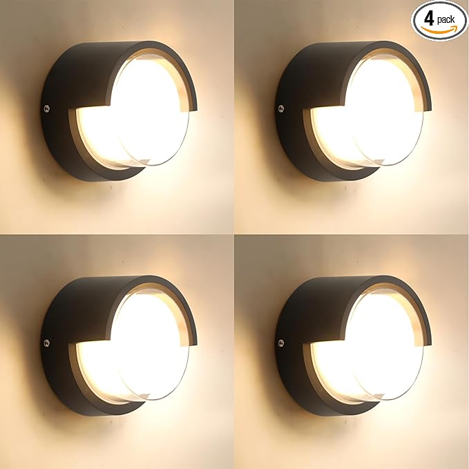 Outdoor Wall Light 4 Pack - Minimal Design Wall Sconce - Modern Black Round Lights - Warm 3000K - For Corridor