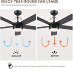 46" Black Ceiling Fans with Lights - Low Profile Ceiling Fan with Lights and Remote/APP, 5 Dual-Sided Blades, Reversible DC Motor, Modern Ceiling Fan for Indoor and Outdoor Use