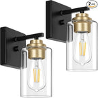Set of 2 Wall Sconces for Bathroom, Modern Vanity Light Fixtures, Black and Gold Wall Mount Lighting Lanterns, Farmhouse Wall Lights with Clear Glass Shade for Bedroom Living Room Mirror Hallway