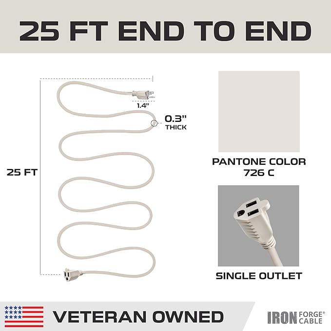 Iron Forge Cable Weatherproof 25 Ft Outdoor Extension Cord - 16/3 SJTW Heavy Duty Beige Extension Cord 3 Prong - 13 Amp Exterior Power Cable