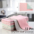 Dual-Purpose Microfiber Cleaning Cloths, 12-Pack, 6x10 inches, Pink and Mint Green, Kitchen and Household Cleaning Towels