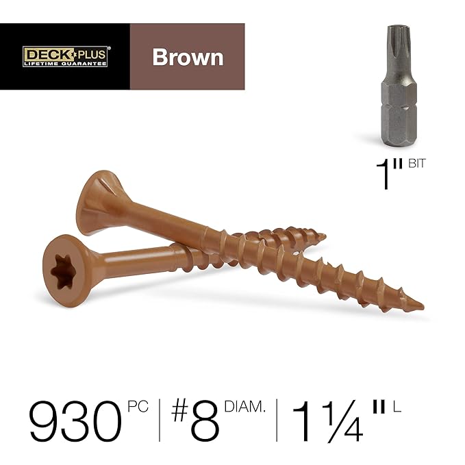 Deck Plus 1-1/4 Inch Epoxy Coated Exterior Wood and Fence Screws #8 x 1-1/4" Torx/Star Drive Included Coarse Thread, Outdoor Rust Resistant Decking Screw, Brown, 5 lb Box, 930 Pieces | 49001