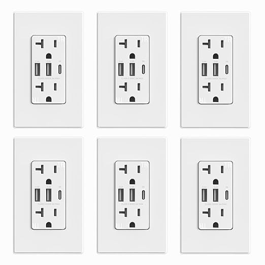 ELEGRP USB Outlets Receptacles, 3-Port Wall Outlet, 30W 6.0A Electrical Outlet, 15 Amp Tamper-Resistant Outlet with Type C Ports, UL Listed, Screwless Wall Plate Included, 6 Pack, Matte White