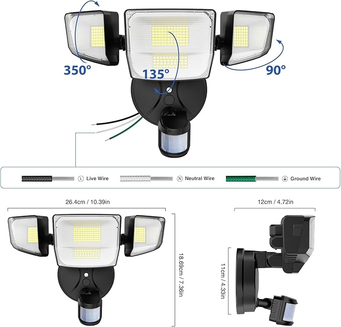 Onforu 90W 10000LM LED Motion Sensor Outdoor Lights, 4-Head Dusk to Dawn Outdoor Lighting, Hardwired Flood Lights, IP66 Waterproof 6500K Security Floodlight for Outside (Black)