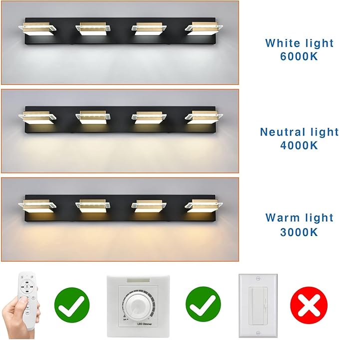 Black Vanity Light Fixture LED Dimmable Bathroom Lighting Fixture 4 Lights Bath Wall Sconces with Golden Metal Lampshade,White Light 3000K-6000K,3 Color
