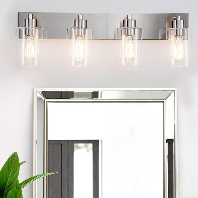 4-Light Bathroom Vanity Light Fixtures, Modern Bathroom Light Fixture with Clear Glass Brushed Nickel Finish Vanity Lights Over Mirror for Kitchen Bedroom Living Room