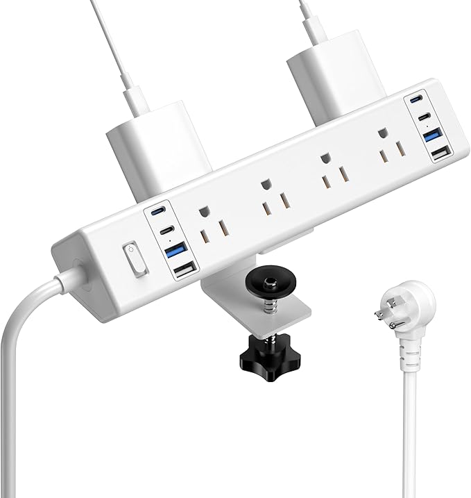 40W Fast Charging Station,Desk Clamp Power Strip 20W USB C,8 Outlets,8 USB Ports,4 USB C and 4 USB A, Office Furniture Surge Protector, 14AWG Cord, Fits 1.9" Tabletop Edge (White, 10FT Length)