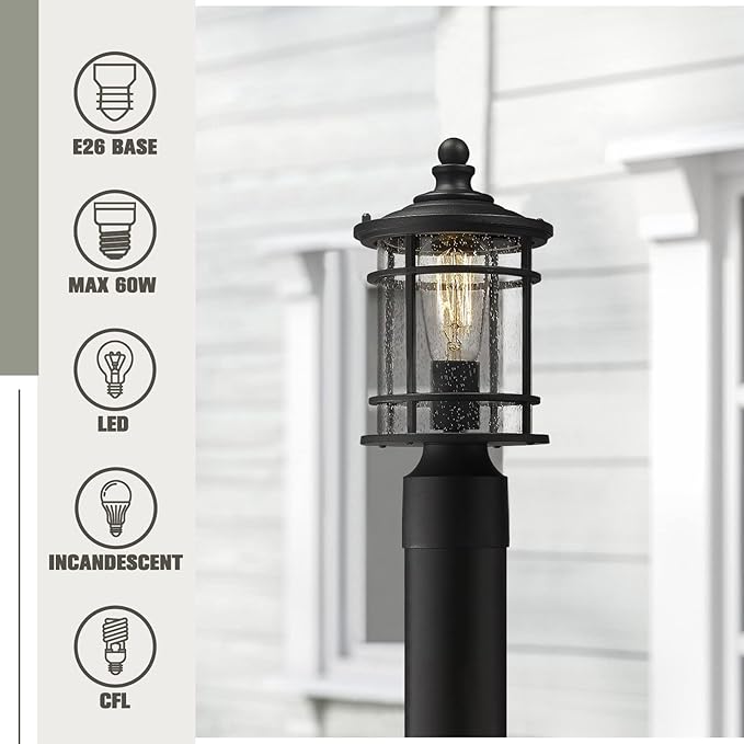 Emliviar Lamp Post Light Fixture - Modern Outdoor Post Light with Seeded Glass 12.5 Inch, Black Finish, XE229P-S BK