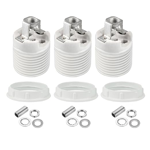 Porcelain Threaded Socket with Metal Shade Ring,JNXQWE Ceramic Medium Base Screw Socket with Hickey IPS 1/8-27,Glazed (3-Pack,Threaded)