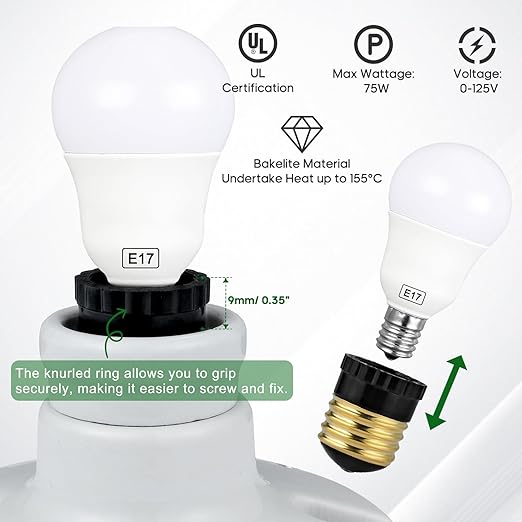 E26 to E17 Light Socket Adapter, Medium Screw E26 to Intermediate E17 Bulb Socket Adapter Converter, UL Listed (Black, 8)