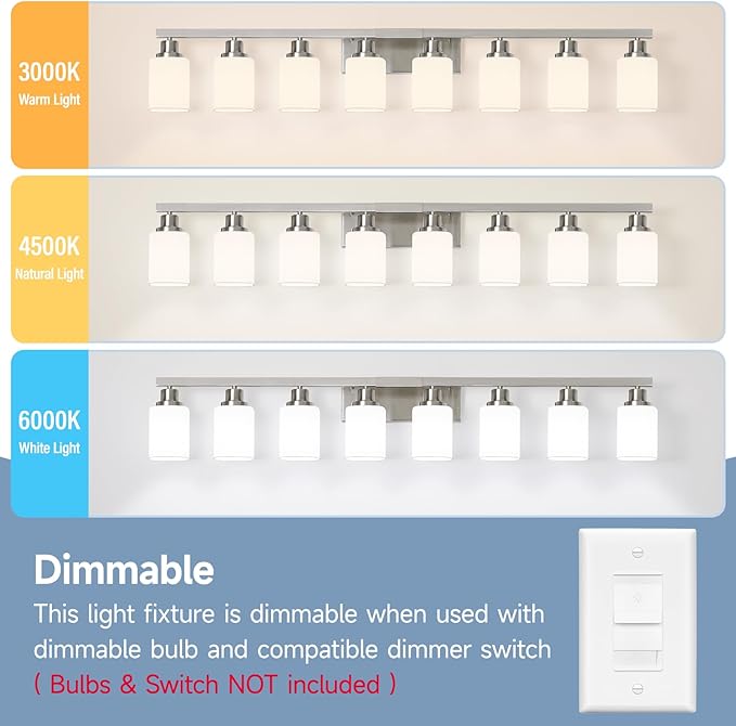 8-Light Bathroom Vanity Light,Brushed Nickel Vanity Lights with Square Frosted Glass,Modern Wall Lights Fixtures Over Mirror,Wall Sconces Lighting for Bedroom Living Room,E26