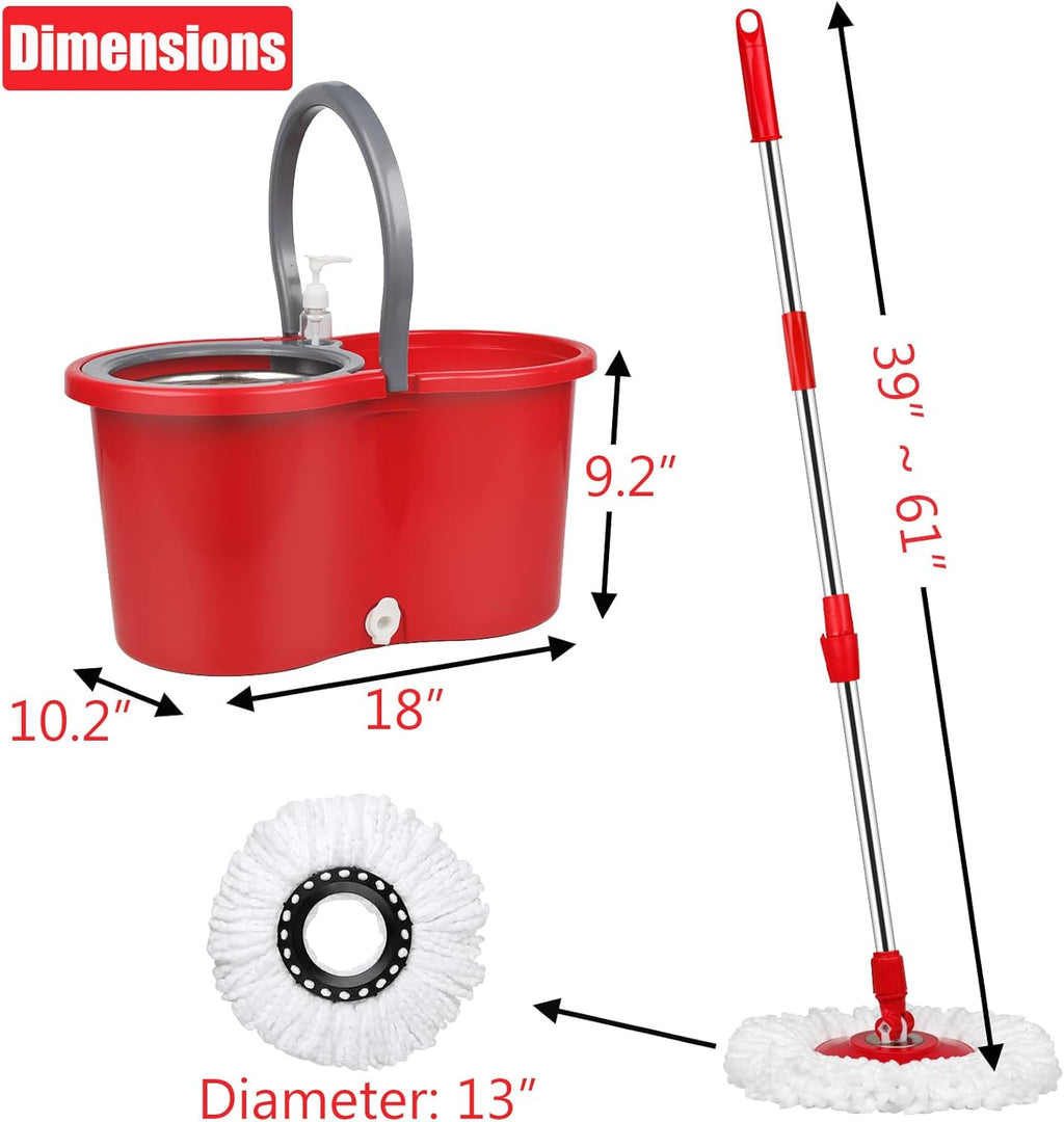 360 Mop and Bucket Set, Spin Mop Bucket with Wringer, Microfiber 3 Mop Replacement Heads, Mops for Floor Cleaning, Mop with Bucket (Red)