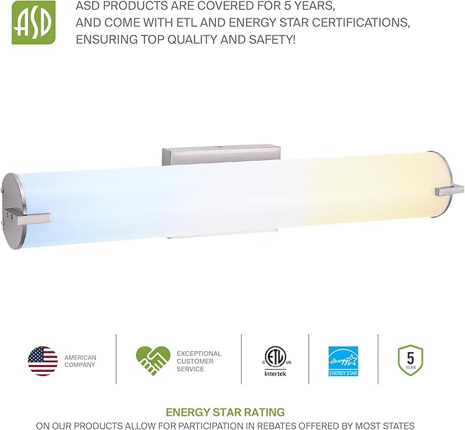 ASD LED 24" Vanity Wall Mount Light Fixture, Linear Bathroom Lighting Bar | 3CCT, Dimmable, Energy Star, ETL Listed | 25W 1950LM 3000-5000K 120V | Long Tube Bath Sconce Over Mirror | Nickel, 4 Pack