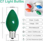 25 Pack C7 Multicolor Ceramic Christmas Lights Replacement Bulbs, 5W E12 Candelabra Base Incandescent Bulbs for Outdoor String Lights Xmas Tree Patio Holiday Party Decor
