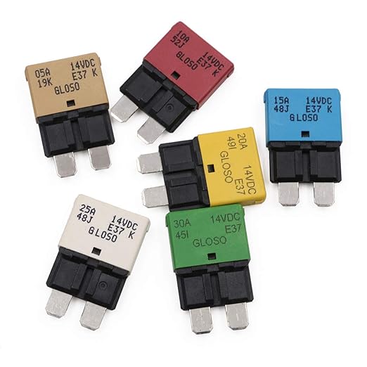 E37 Auto (T1) Reset Low Profile ATC/ATO Fuse Circuit Breakers - 12V DC 5A 10A 15A 20A 25A 30A, UL-Rated Certified (6-Pack Mixed)