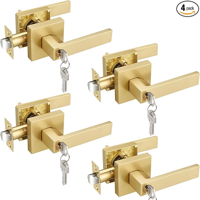 EHOMEWARE 4 Pack Keyed Alike Entry Door Handles with Lock Gold Door Lever Set, Outdoor/Indoor Bedroom Bathroom Use with Keys, Exterior Door Levers