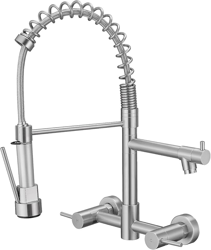 AIMADI Wall Mount Kitchen Faucet,Commercial Sink Faucet with Sprayer, Dual Handles Utility Sink Faucet for Kitchen Laundry Restaurant,Stainless Steel